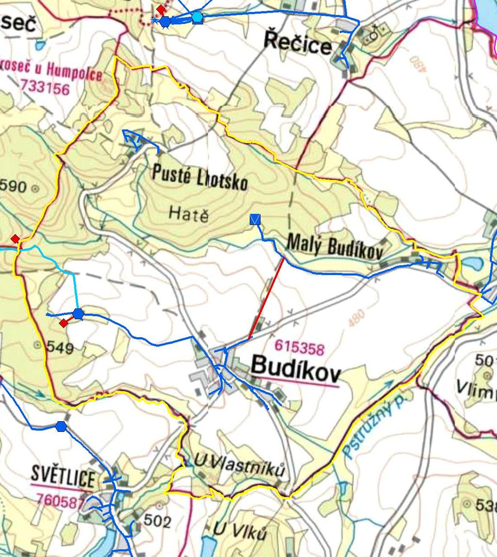 MAPA - VODOVODY Trasování sítí, lokalizace vodojemů, zdrojů, čerpacích stanic, ATS, ÚV Vodovodní řady Vodojem zemní