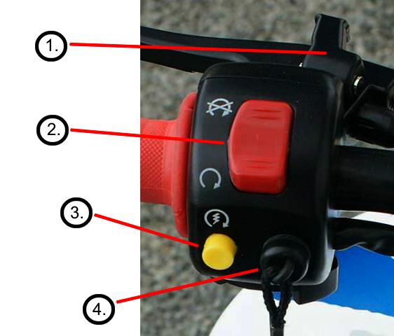 Hlavní vypínač má dvě polohy: OFF: V této pozici je zapalování motoru vypnuto. Stroj nelze nastartovat. ON: V této pozici lze nastartovat motor. Po nastartování se rozsvítí poziční světla (dle typu).
