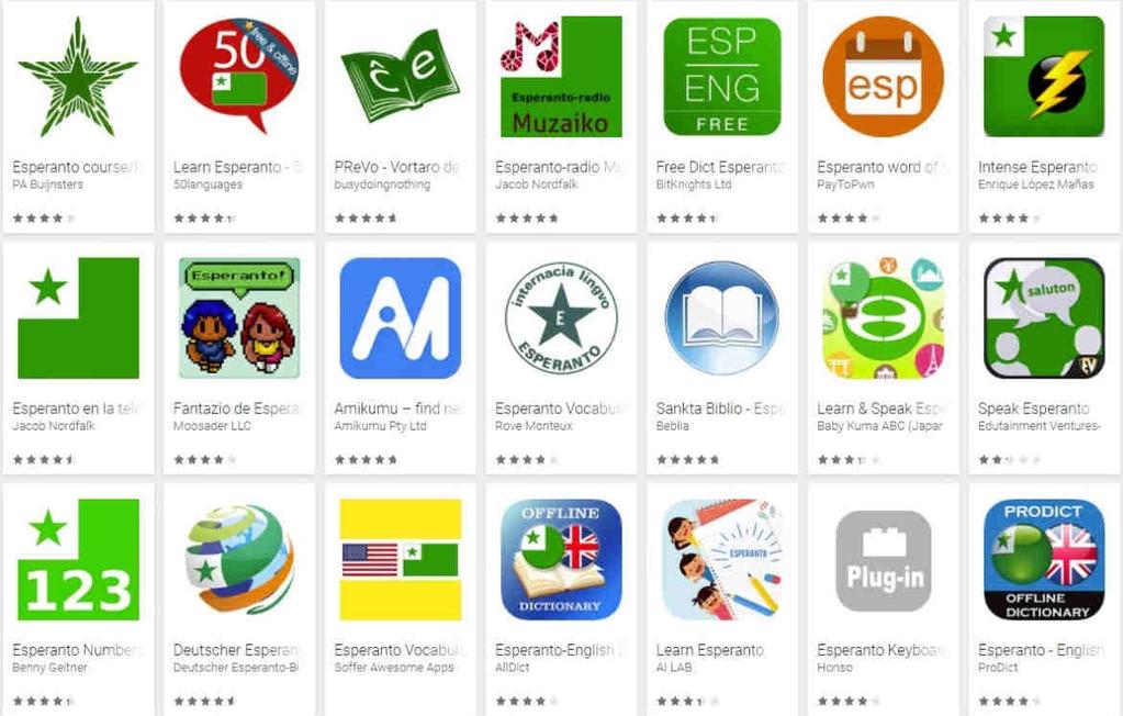 Na Google Play existuje přes 200 mobilních aplikací v esperantu (nejen kurzy a slovníky).