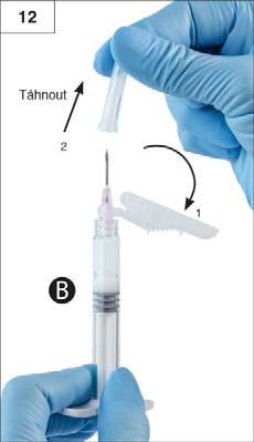 Krok 12: Odstraňte bezpečnostní chránič z jehly a před vlastní aplikací sejměte z jehly ochrannou krytku (obrázek 12). Důležité: Před aplikací nemanipulujte s bezpečnostním mechanismem jehly.