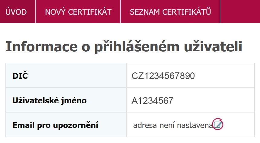 Jak zadat e-mail pro zasílání upozornění na blížící se konec platnosti (expiraci) pokladního certifikátu? Po přihlášení do webové aplikace Elektronická evidence tržeb zvolte v menu odkaz CERTIFIKÁTY.