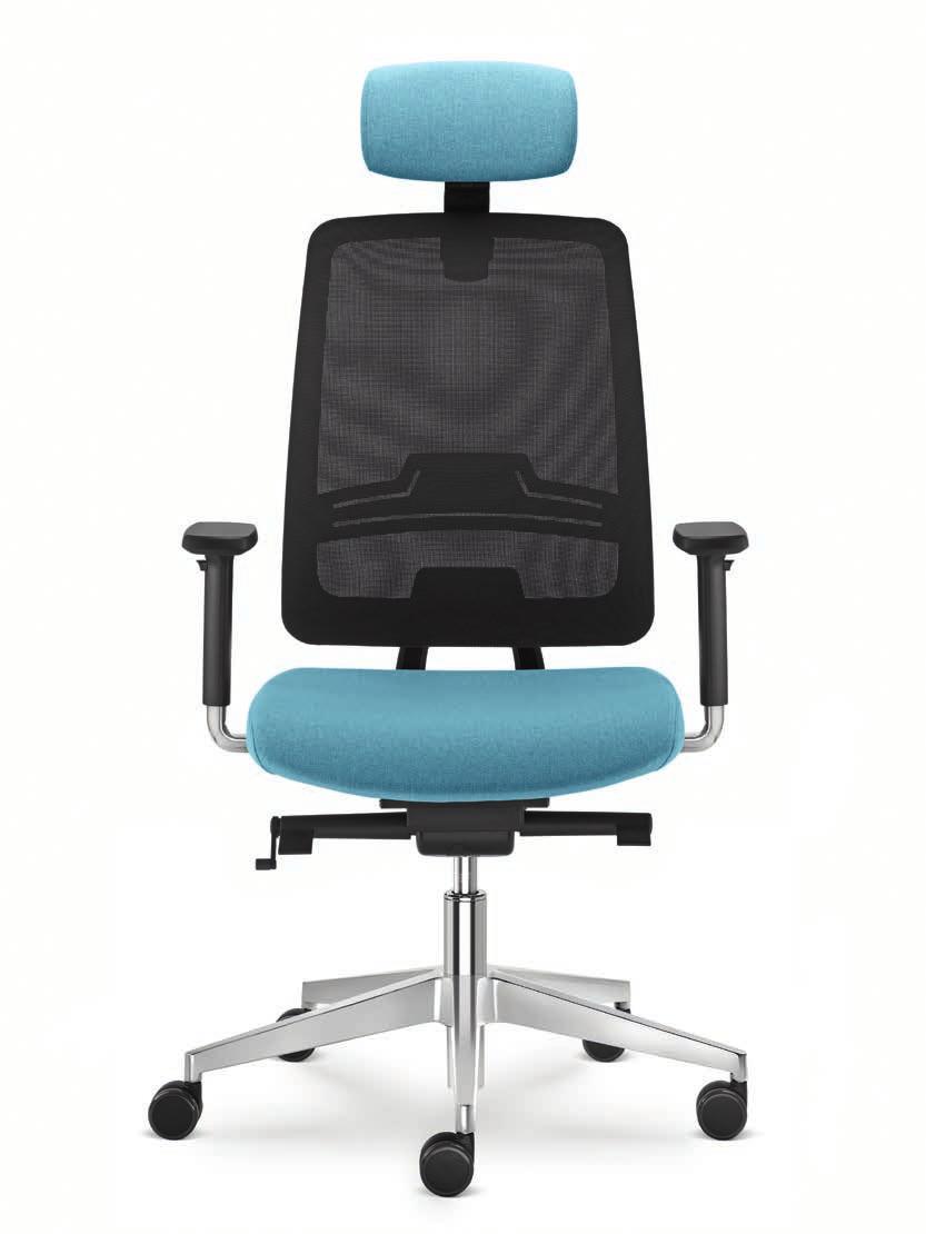 Both the models, with upholstered and mesh backrest, can be equipped with an adjustable headrest.