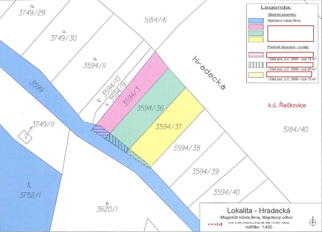 7. prodej - části pozemku p. č. 3599 o výměře 20 m², - části pozemku p. č. 3599 o výměře 15 m², - části pozemku p. č. 3599 o výměře 15 m², vše v k.