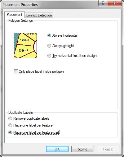 Obr. 112: Nastavení umístění popisu u polygonové vrstvy I přes veškerou snahu při nastavování umístění popisků se často stává, že se objevují na nevhodných místech, a tak dochází např.