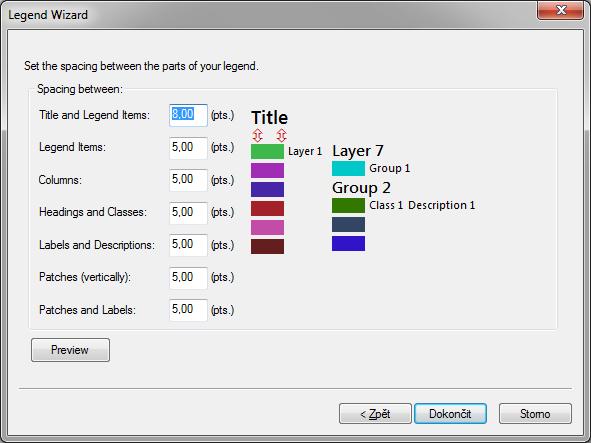 v legendě (Obr. 120). Obr. 120: Průvodce tvorbou legendy šířka mezer Po stisknutí volby Dokončit se legenda vloží do prostředí výkresu jako samostatný objekt.