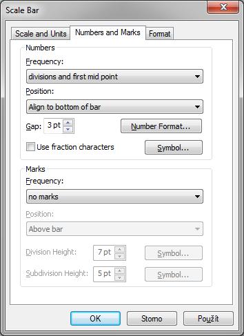 Obr. 125: Záložka Numbers and Marks Veškerá nastavení pro grafické měřítko se provedou po stisknutí tlačítka Použít. Na závěr je nutné měřítko citlivě umístit do mapy.