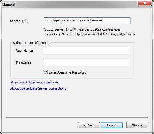 Obr. 37: Hlavní nastavení pro připojení ArcGIS Serveru Kliknutím na tlačítko Finish se dokončí