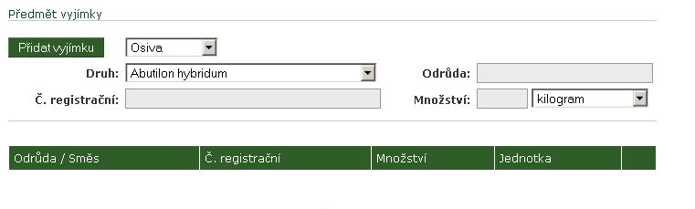 Výjimka pro osivo/druh se zadává po vybrání pole Osiva. Formuláře vypadá následovně Obrázek 8: Zápis výjimky na osivo Pole Druh se vybírá z číselníku, odrůda, č.