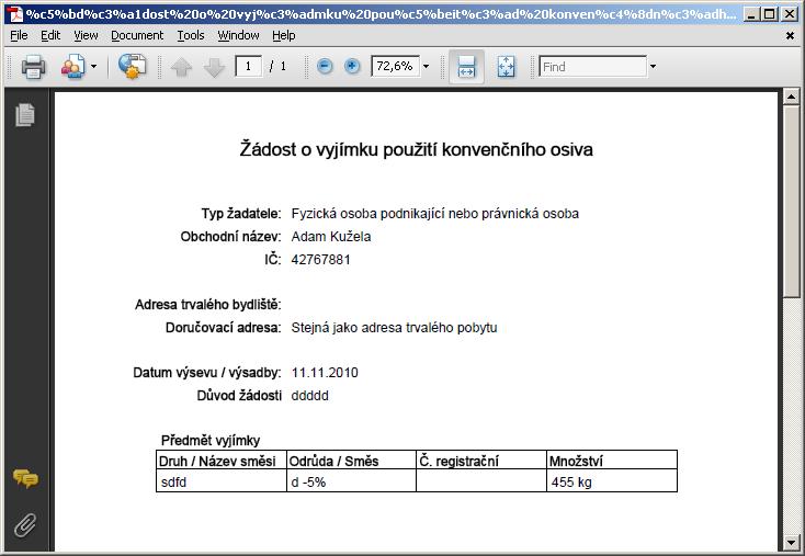 Obrázek 13: Ukázka PDF souboru po úspěšném odeslání žádosti 5 Podané žádosti Systém umožňuje prohlížet