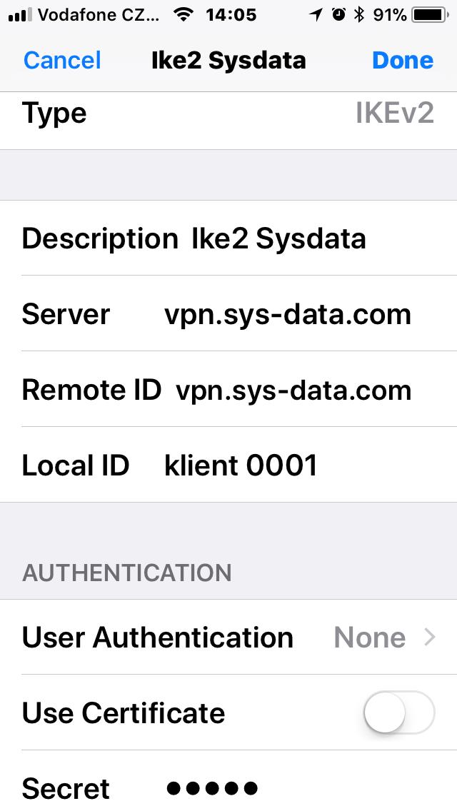 Potom založte nový IKE2 VPN záznam s těmito parametry : Secret je společné heslo a na emailu