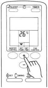později se opět zobrazí kompletní displej. Nastavení termostatu Stiskněte tlačítko nastavení teploty (SET TEMP) Použijte pro zvýšení nastavení termostatu Rozmezí nastavení termostatu: AUTO.