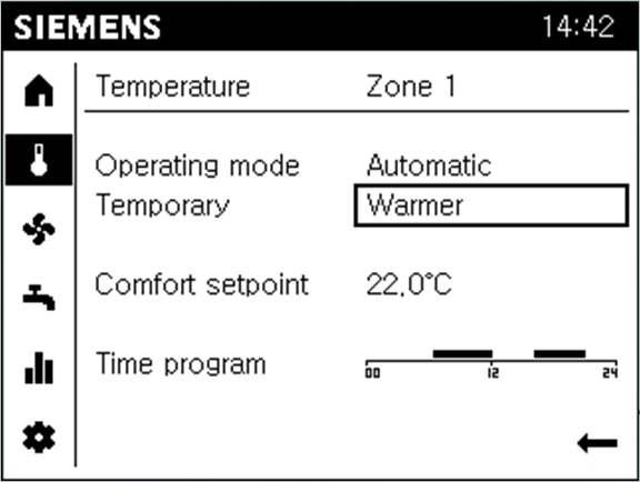 Tlačítko přítomnosti je možné použít k ručnímu přepínání mezi komfortní a útlumovou žádanou hodnotou, pokud je dočasně potřebná jiná úroveň teploty.