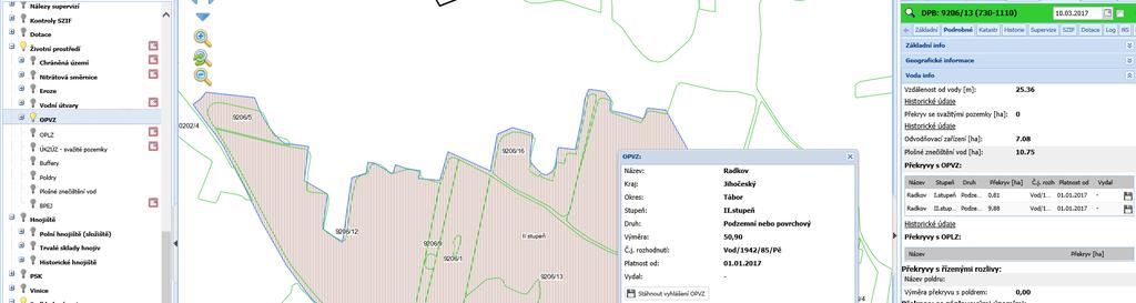 Hospodaření v ochranných pásmech vodních zdrojů Mapa LPIS Životní prostředí/opvz Tisky