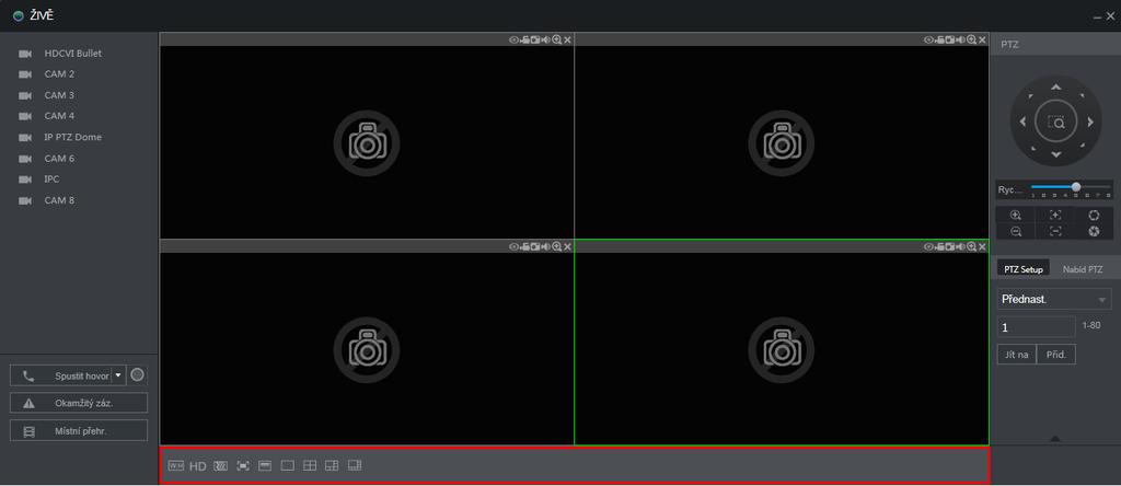 Živě V tomto okně je možné zobrazovat živý náhled zvoleného počtu kamer a ovládat PTZ kamery.