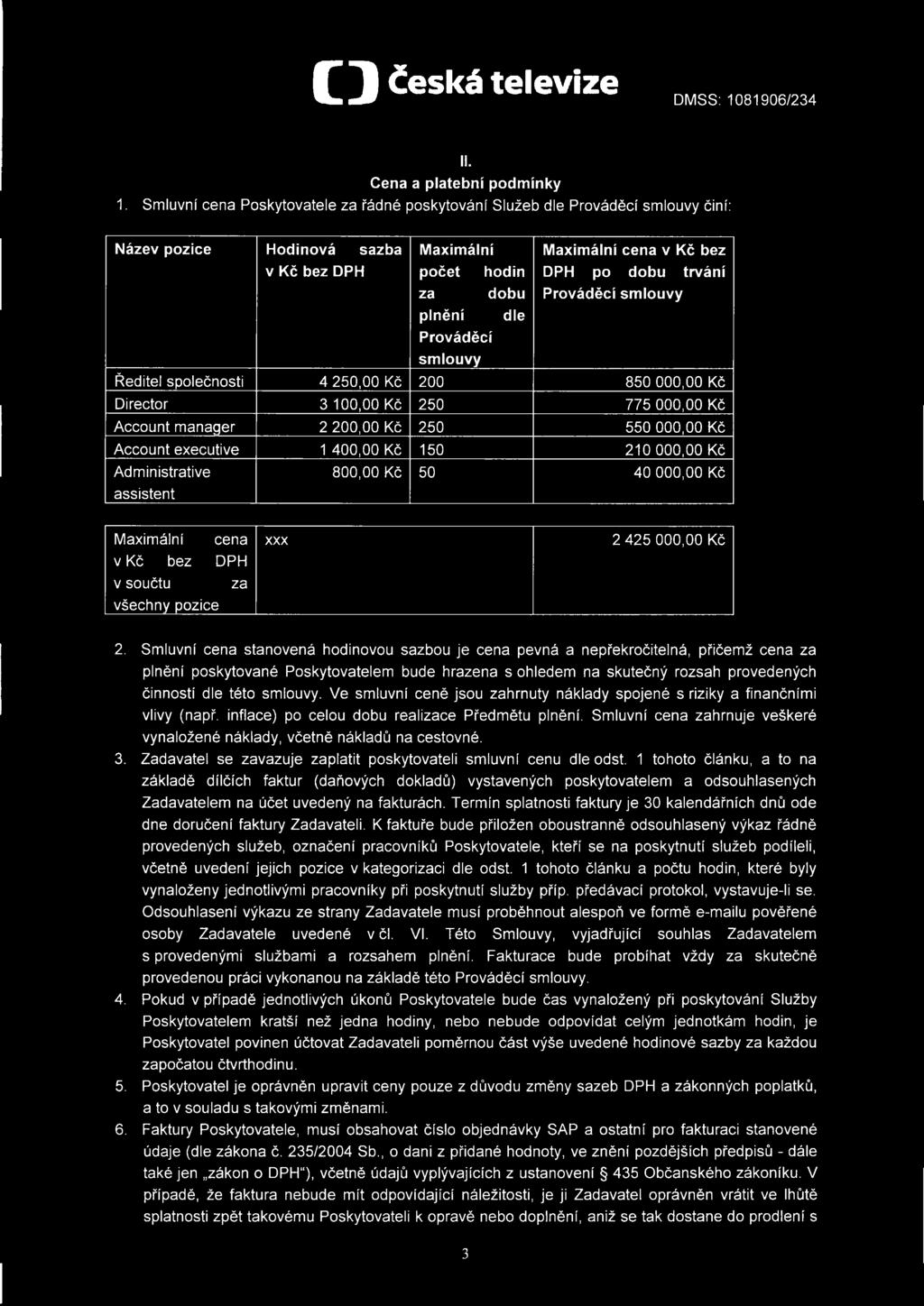 Kč bez DPH po dobu trvání Prováděcí smlouvy Ředitel společnosti 4 250,00 Kč 200 850 000,00 Kč D i recto r 3 100,00 Kč 250 775 000,00 Kč Account manager 2 200,00 Kč 250 550 000,00 Kč Account executive