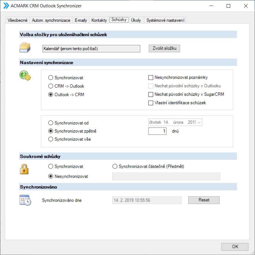 3.5 Záložka: Schůzky V záložce Schůzky jsou nastaveny základní údaje pro synchronizaci Schůzek mezi Microsoft Outlook a SugarCRM. Volba složky pro uložení schůzek Obr.