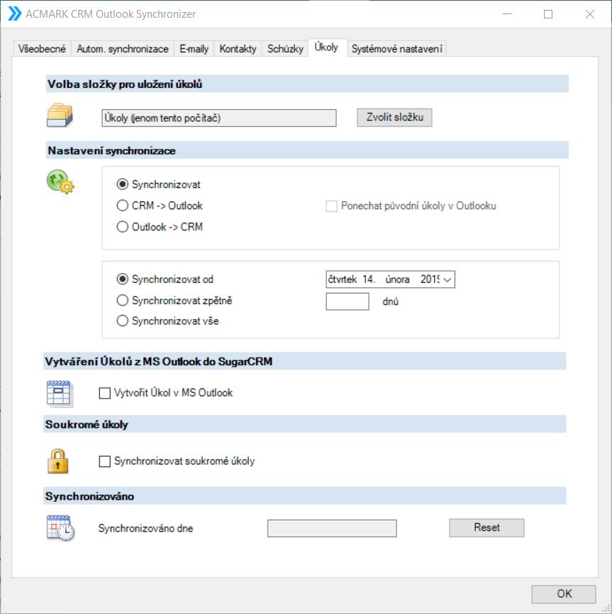 3.6 Záložka: Úkoly V záložce Úkoly jsou nastaveny základní údaje pro synchronizaci Úkolů mezi MS Outlook a SugarCRM. Volba složky pro uložení úkolů Obr.