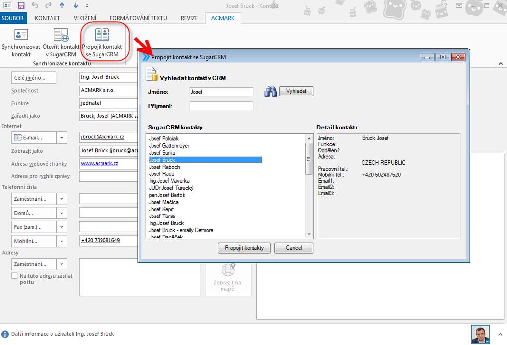 4.2.5 Funkce: Propojit Kontakt se SugarCRM Funkce Projit kontakty se SugarCRM se používá, pokud: máte v databázi CRM více stejných e-mailů, nemáte u kontaktu e-mail vůbec nebo má stejný Kontakt více