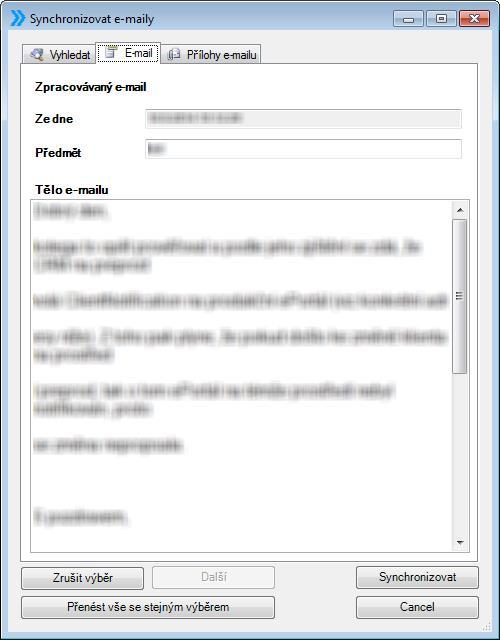 Záložka E-mail Pod záložkou E-mail se zobrazuje obsah e-mailu. Můžeme zde změnit obsah předmětu i těla synchronizovaného e-mailu do SugarCRM. Záložka Přílohy e-mailu Obr.