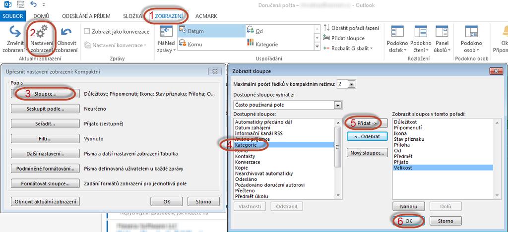 Pokud typ kategorii není v MS Outlooku zobrazen, lze zobrazení kategorie zapnout vybráním Zobrazení => Nastavit zobrazení => Sloupce => vybrat Kategorie a kliknout na Přidat => OK. Obr.
