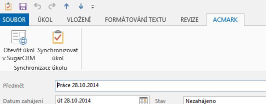 4.4 Synchronizujeme úkoly 4.4.1 Funkce v detailu Úkolu Pokud si v Microsoft Outlook otevřeme detail úkolu, změní se nabídka v ACMARK panelu na nabídku možností pro daný úkol.