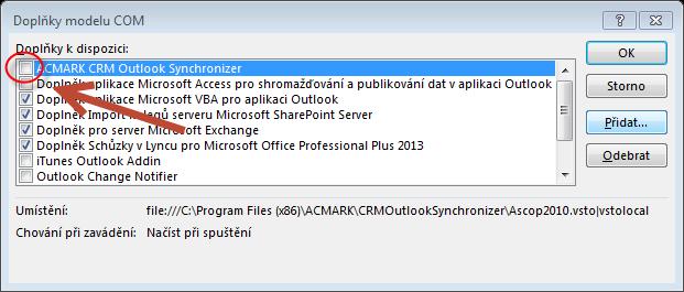 V seznamu Aktivní doplňky aplikací musí být ACMARK CRM Outlook Synchronizer.