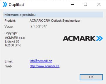 4 O aplikaci V případě, že potřebujete vědět informace o verzi ACMARK CRM Outlook synchronizeru, tak kliknete na
