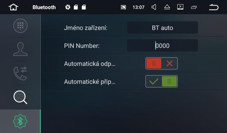 Pro telefonní hovory přes zařízení nevypínejte bluetooth v mobilním telefonu. Nastavení bluetooth Nastavení je pod ikonou. Jméno zařízení název, pod kterým je zařízení viditelné pro okolí.