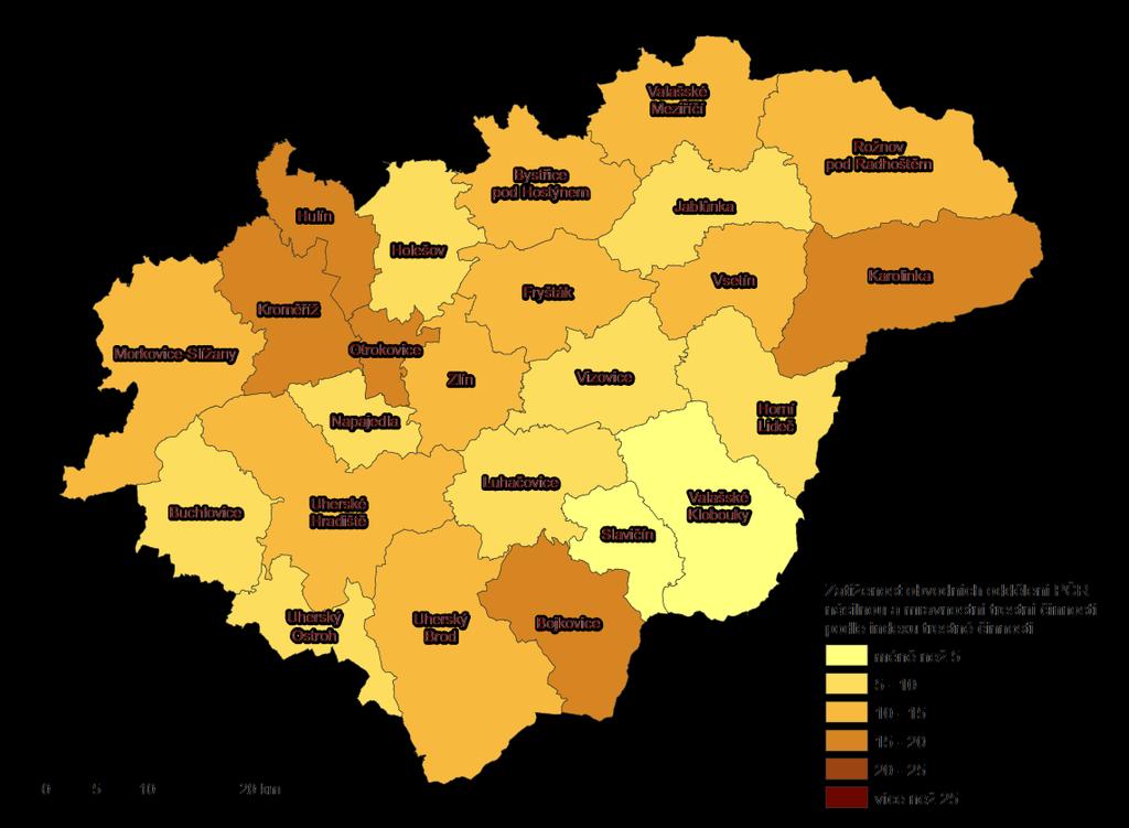 Zatíženost obvodních oddělení PČR ve Zlínském kraji v roce 2016 (dle indexu krádeží vloupáním)