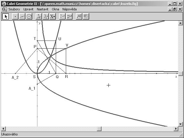 48 Kapitola 2. Křivky v antické geometrii Obrázek 2.7: Způsob nalezení kuželoseček podle Menaichmose demonstrovaný v Cabri Geometrii Průsečík parabol označme X = [x, y]. Potom (viz obr. 2.6) a : x = x : y, tj.