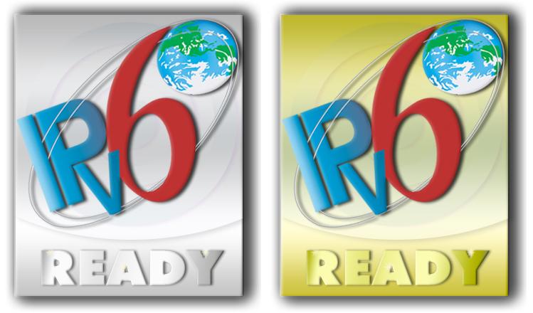 Obrázek 1.2: Logo IPv6 Ready: vlevo fáze 1, vpravo fáze 2 Testuje se pouze povinné chování (v RFC označené jako must ). Od roku 2003 bylo vydáno bezmála 500 certifikátů.