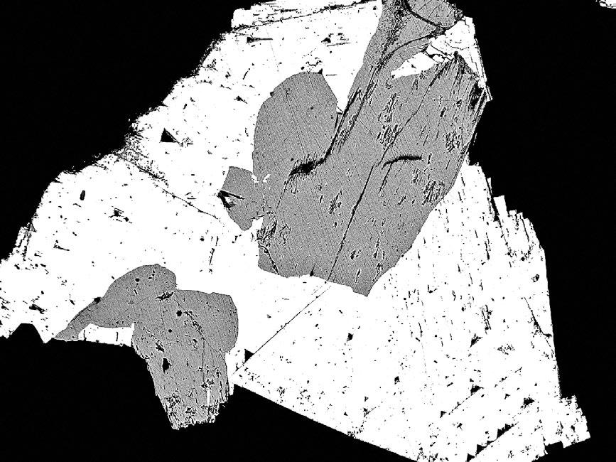 266 Bull Mineral Petrolog 25, 2, 2017. ISSN 2570-7337 (print); 2570-7345 (online) Obr. 8 Krystaly boulangeritu (šedý) obrůstané mladším galenitem, Prachovice, šířka záběru 800 μm, BSE foto J. Sejkora.