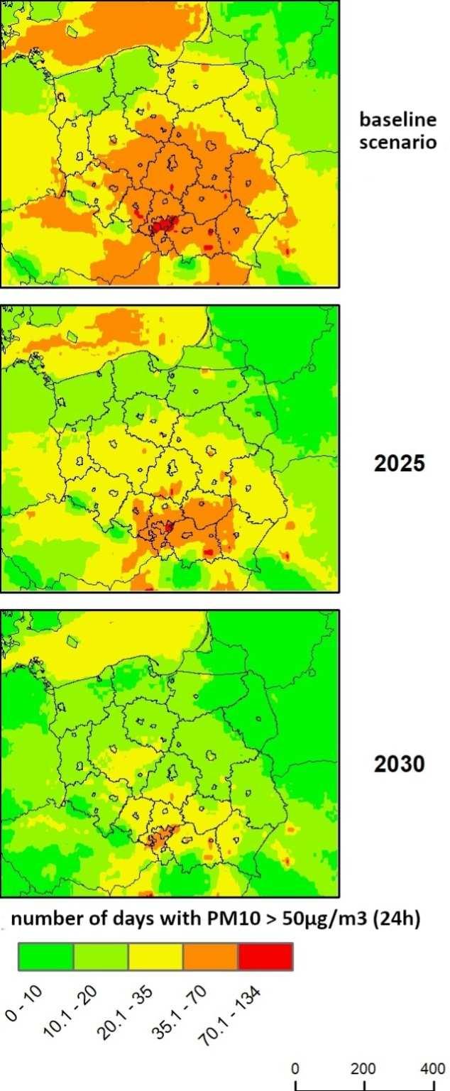 Obrázek 54: Hodnocení vlivu opatření navržených polským Národním programem omezování znečištění ovzduší na kvalitu ovzduší Vlevo: Modelace změny počtu dní s překročeným imisním limitem