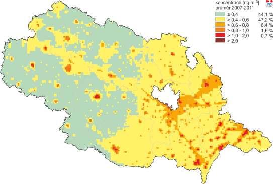 Zdroj dat: ČHMÚ Obrázek 30: Pole průměrné roční koncentrace benzo(a)pyrenu, zóna CZ06Z
