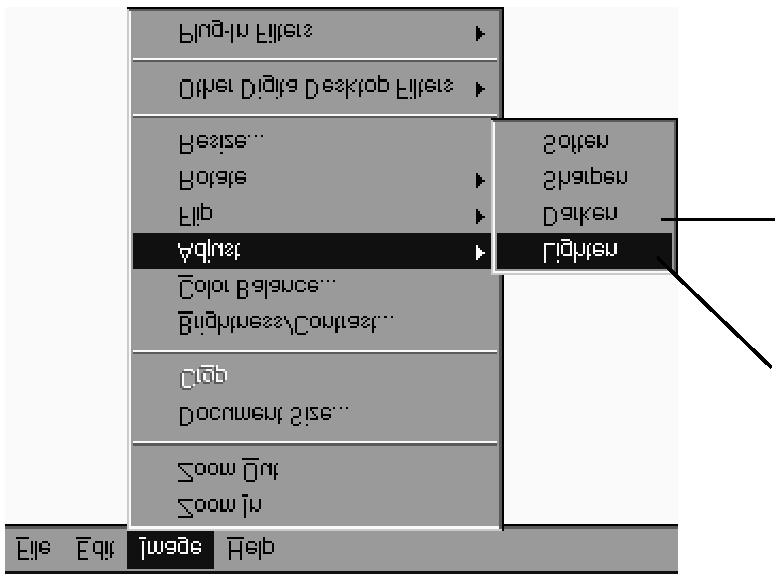 Zesvětlit/Ztmavit V nabídce Image (Obraz) ukažte na položku Adjust (Upravit) a potom podle potřeby klepněte na příkaz Lighten (Zesvětlit) nebo Darken (Ztmavit). Jas obrazu se ihned změní. Zesvětlit 2.