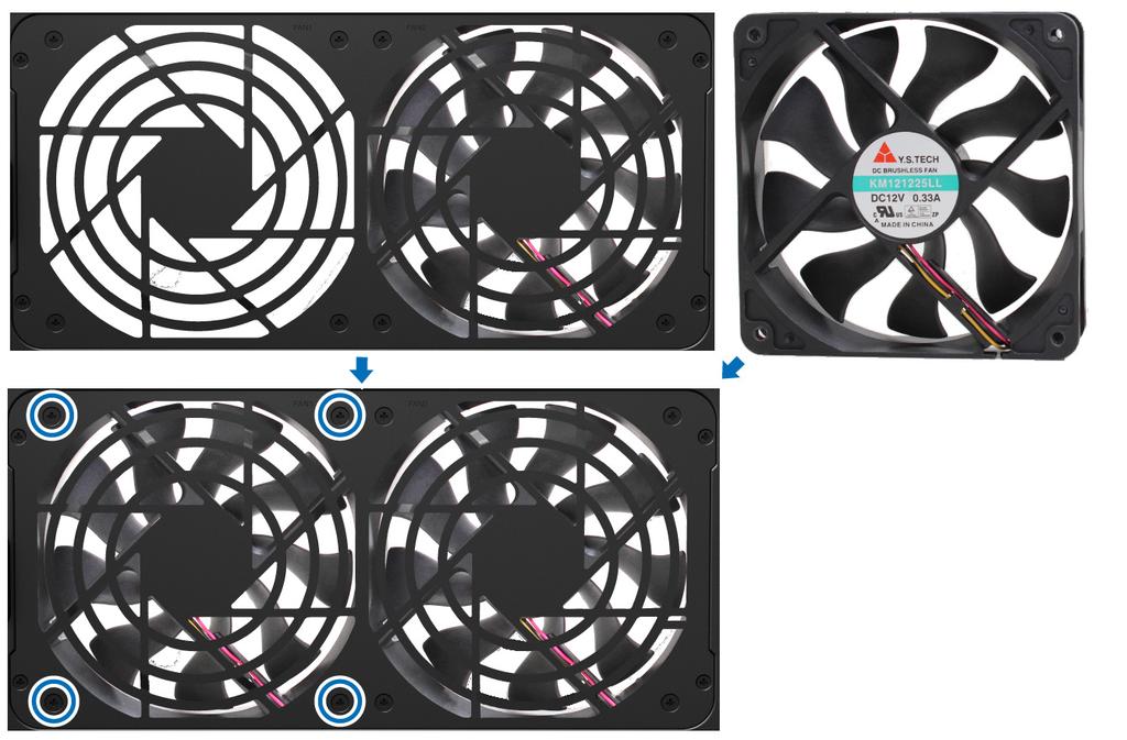 pravého dolního rohu) a poté nový ventilátor pomocí 4 šroubů