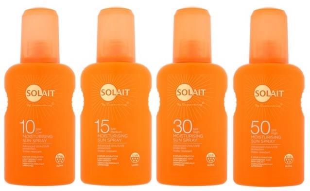 SOLAIT SPF 10, 15, 30, 50 MOISTURISING SUN LOTION SOLAIT SPF 10, 15, 30, 50 MOISTURISING SUN SPRAY Čtyři mléka se čtyřmi stupni vylepšené ochrany proti UVA i UVB záření.