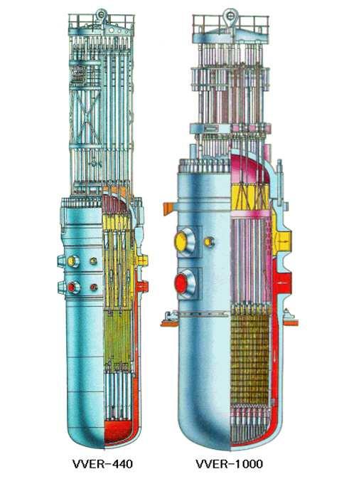 obr. 1.1.4c) Reaktor VVER440 vlevo, reaktor VVER1000 vpravo, [1] Z uvedených nákresů různých typů reaktorů jsou zřetelné konstrukční rozdíly.