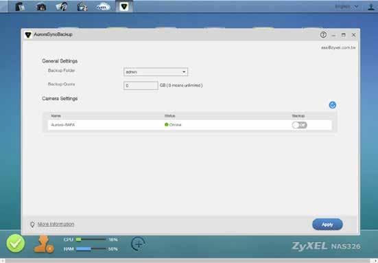 2.14 Zálohování videí do úložiště Zyxel NAS Díky balíčku Zyxel Aurora SyncBackup Package můžete videa z kamery Aurora kopírovat do podporovaného úložiště Zyxel NAS.