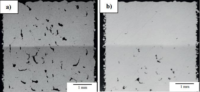 Materiál AA 2618 vykazuje nejvyšší relativní hustotu při použití šrafovací vzdálenosti 50 µm. Porovnání dosažené kvality struktury u materiálu 2219 a 2618 vidíme na obr. 25.