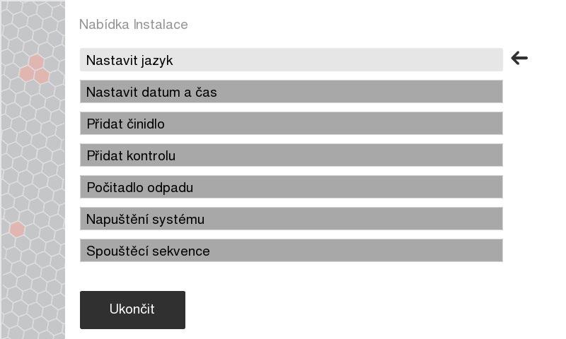 2. Instalace a nastavení činidel Kontrolní seznam a nabídka Instalace Po dokončení následujících osmi kroků nabídky Instalace bude systém připraven na první analýzu vzorku.