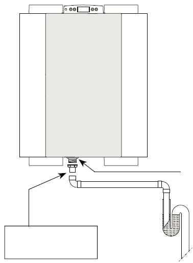 8 Připojení kondenzátu Vývod kondenzátu je veden skrz dno větrací jednotky prostřednictvím šroubení (Ø 32mm) a musí být připojen na odpadní potrubí a vybaven sifonem nebo jiným rovnocenným opatřením.