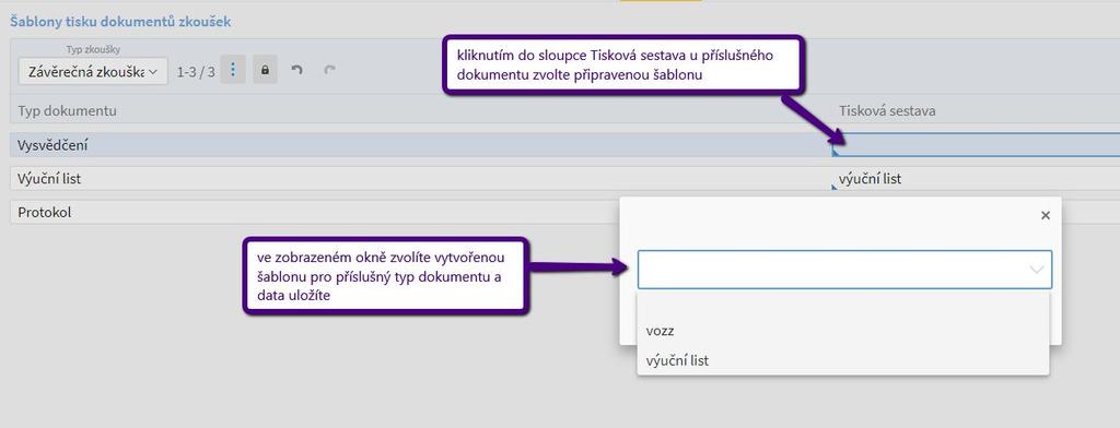 - ve sloupci Tisková sestava kliknete do příslušného řádku požadovaného typu dokumentu a v zobrazené tabulce vyberete přednastavenou šablonu pro daný typ dokumentu. 1E.
