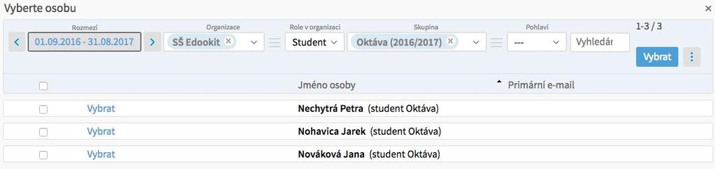 Vybereme typ zkoušky, zvolíme příslušný školní rok, pro který budeme zkoušky zpracovávat, např. 2016/2017, 2017/2018... Zvolíme tlačítko + pro přidání studentů.