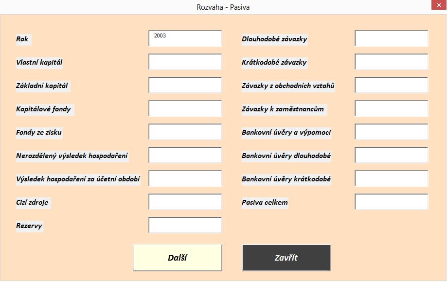 Když bude uživatel zadávat hodnoty aktiv do rozvahy, automaticky se mu vyplní rok, který předtím zadal při vyplňování výkazu zisku a ztráty.