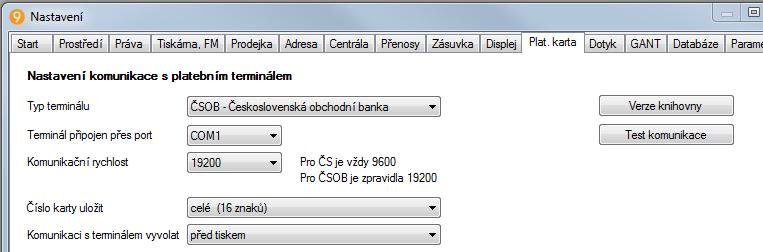 3. Konfigurace ESO9 Prodejna Nastavuje se v menu Konfigurace / Nastavení parametrů, záložka Plat. karta : Typ terminálu musí být ČSOB. Terminál připojen přes port jeden z nabízených COM portů.