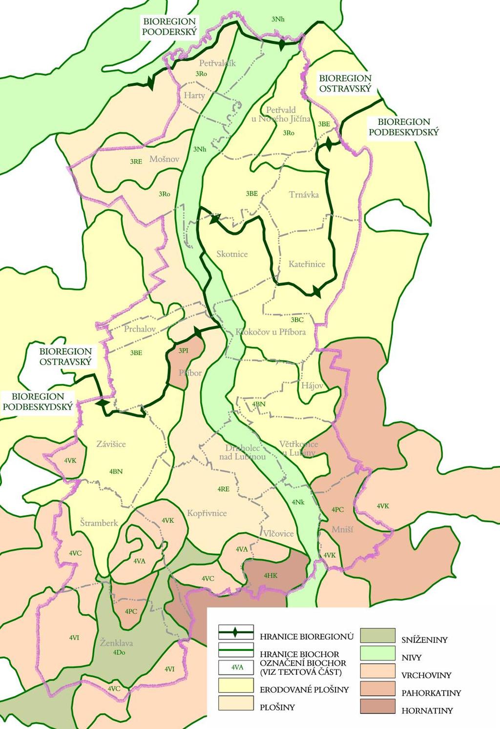 Území SO ORP Kopřivnice je členěno do tří bioregionů severní nejníže položená část patří do bioregionu 2.3a Ostravského A, kde na východě tvoří hranici s bioregionem 3.