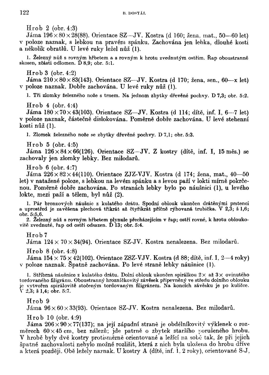 122 I!. DOST A f. Hrob 2 (obr. 4:3) Jáma 196x80x28(88). Orientace SZ JV. Kostra (d 160; žena, mat., 50 60 let) v poloze naznak, s lebkou na pravém spánku.