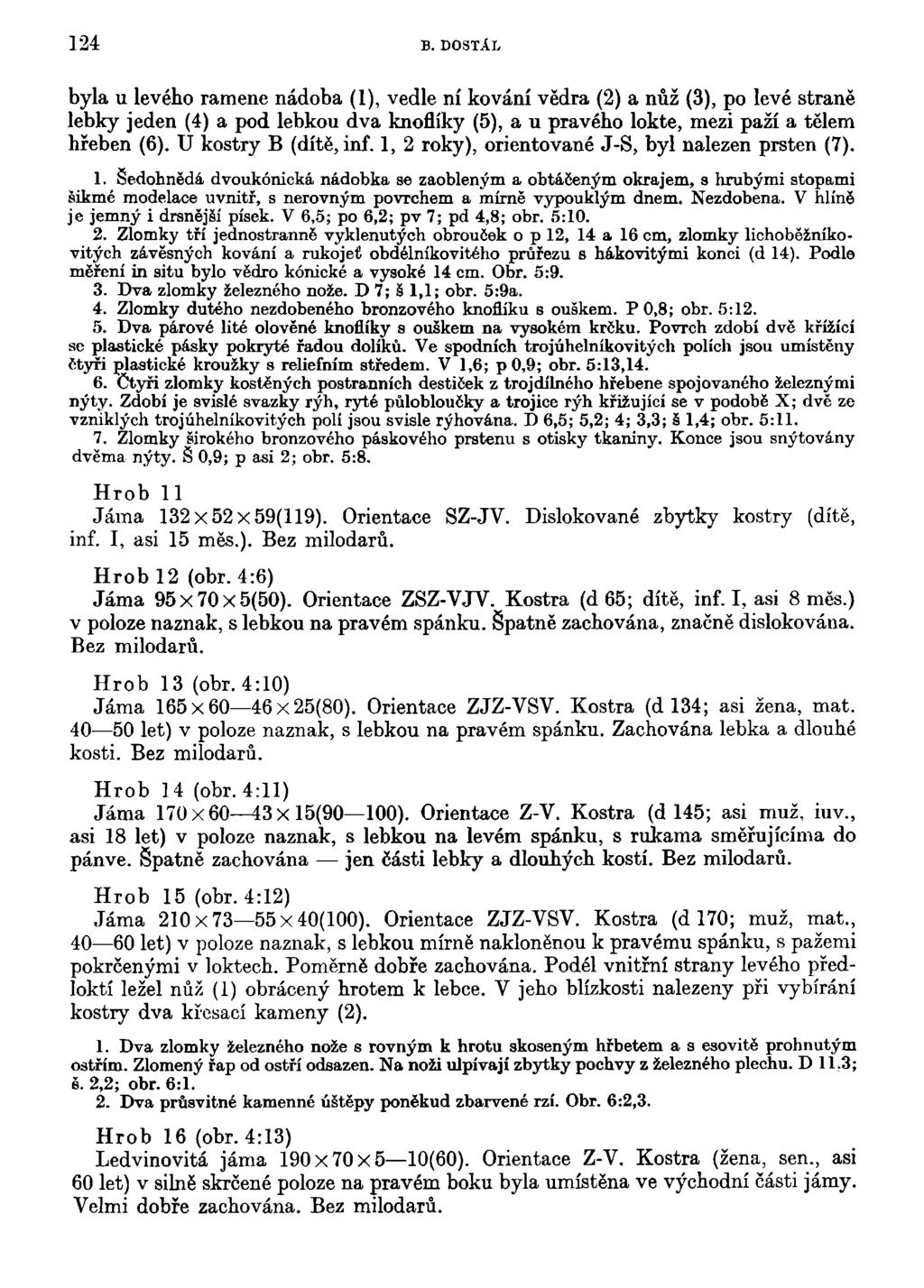 124 B. DOSTÁL byla u levého ramene nádoba (1), vedle ní kování vědra (2) a nůž (3), po levé straně lebky jeden (4) a pod lebkou dva knoflíky (5), a u pravého lokte, mezi paží a tělem hřeben (6).