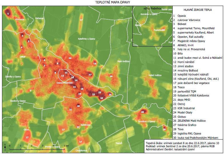 Adaptační strategie statutárního města Opava na změnu klimatu EKOTOXA s.r.o. Obrázek 11: Opava termální satelitní snímek Landsat 8 (ze dne 22.